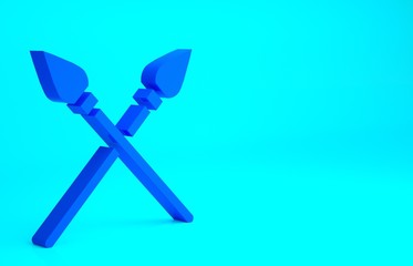 Blue Crossed medieval spears icon isolated on blue background. Medieval weapon. Minimalism concept. 3d illustration 3D render.