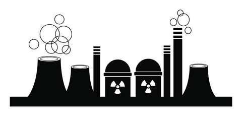 Cooling tower, emblem of factory isolated on white background for logo, business card. Silhouette of a nuclear power plant. Vector illustration. 