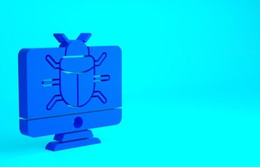 Blue System bug on monitor icon isolated on blue background. Code bug concept. Bug in the system. Bug searching. Minimalism concept. 3d illustration 3D render.