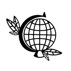 Black and white globe with leaves.Vector illustration in the Doodle style.