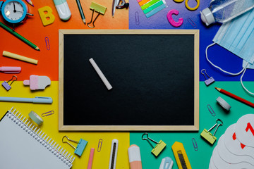 Back to school colorful flatlay. concept. Top horizontal view copyspace.Zoom educational background. Pen, Pencil, Pencils, Eraser, Paper Clip, School Supplies.