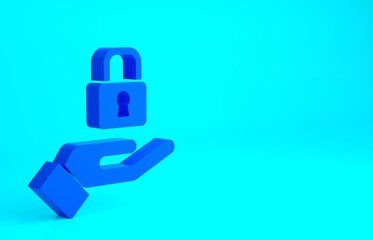Blue Lock in hand icon isolated on blue background. Padlock sign. Security, safety, protection, privacy concept. Minimalism concept. 3d illustration 3D render.