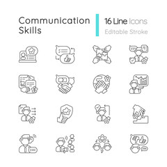 Communication skills linear icons set. Different personal traits. Self development, teamwork skills customizable thin line contour symbols. Isolated vector outline illustrations. Editable stroke