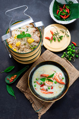 Green curry with shrimp. (kang keaw wan) Thai cuisine with Eight immortals fried rice or Ba Xian fried rice, Asian fried rice.