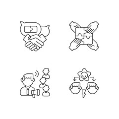 Teamwork skills linear icons set. Business negotiation, team building, conflict resolution, influencing. Customizable thin line contour symbols. Isolated vector outline illustrations. Editable stroke