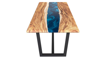 Live edge wooden table with epoxy resin art on a white background. 3D rendering