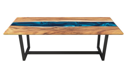 Live edge wooden table with epoxy resin art on a white background. 3D rendering