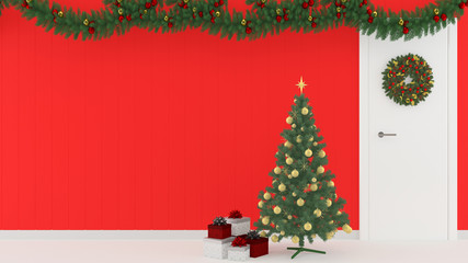 Naklejka na ściany i meble interior living room with with christmas tree decorration 3d render