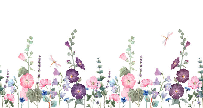 Beautiful horizontal seamless floral pattern with watercolor summer mallow flowers. Stock illustration.