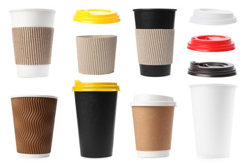 Set of paper coffee cups on white background
