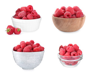 Set of fresh ripe tasty raspberries in bowls on white background