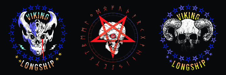 Set of three illustrated skulls. Vector drawings of heads for t-shirts or posters.