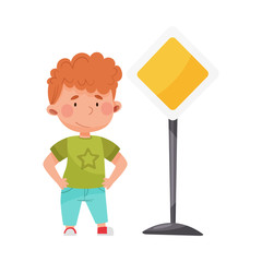 Little Boy Standing Near Road Sign Learning Traffic Rules Vector Illustration