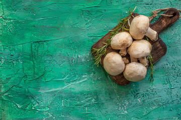 Angri, Italy.Small group of raw white champignon mushrooms with rosemary sprigs on wooden cutting board on green backdrop.