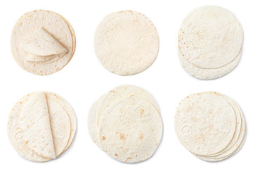 Set of corn tortillas on white background, top view