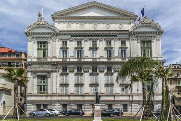 Nice Opera House (Opera de Nice or Theatre de L'Opera) created in 1776 by Marquess Alli-Maccarani. Opera de Nice building classified as a historic monument. Nice, French Riviera, France.