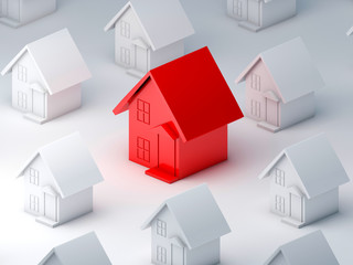 Red house among white houses. isometric red house among white houses. 3d rendering