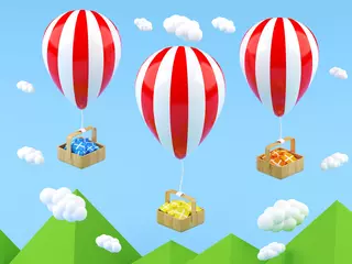 Fototapeten Flying Red balloons and gift box. 3d rendering. concept balloons flying over the mountain. 3d isometric © boommaval