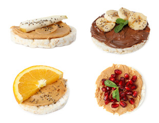 Set of puffed corn cakes with different toppings on white background