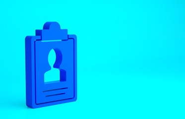 Blue Clipboard with resume icon isolated on blue background. CV application. Curriculum vitae, job application form with profile photo. Minimalism concept. 3d illustration 3D render.