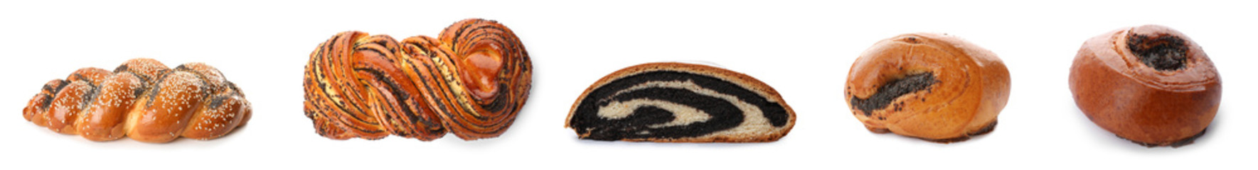 Set of different pastries with poppy seeds on white background. Banner design