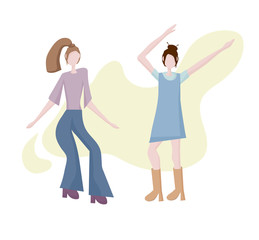 Two modern young girls dancing. Dance moves, fun and entertainment. Women's friendship and shared leisure, party.  Concept for a banner, website design or target web page.
