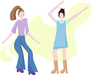 Obraz na płótnie Canvas Two modern young girls dancing. Dance moves, fun and entertainment. Women's friendship and shared leisure, party. Concept for a banner, website design or target web page.