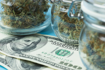 Dollar banknote money and cannabis in jars close-up. Marijuana business concept