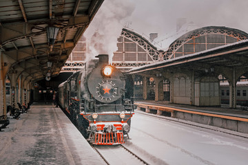  Vintage steam locomotive at the railway station.