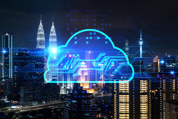 Information cloud hologram, aerial panoramic cityscape of Kuala Lumpur at night. The concept of...
