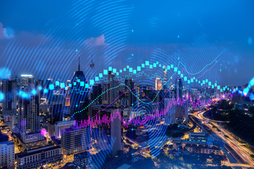 Fototapeta na wymiar FOREX graph hologram, aerial night panoramic cityscape of Kuala Lumpur. KL is the developed location for stock market researchers in Malaysia, Asia. The concept of fundamental analysis.