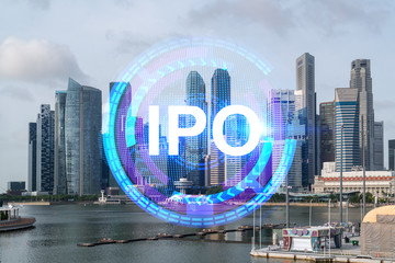 IPO icon hologram over panorama city view of Singapore, the hub of initial public offering in Asia....