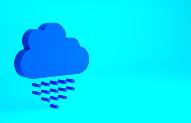 Blue Cloud with rain icon isolated on blue background. Rain cloud precipitation with rain drops. Minimalism concept. 3d illustration 3D render.