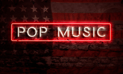 Fototapeta premium Pop Music Neon Sign American Flag Brick Wall Art
