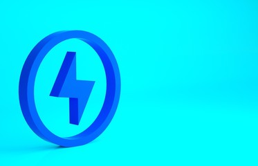 Blue Lightning bolt icon isolated on blue background. Flash sign. Charge flash icon. Thunder bolt. Lighting strike. Minimalism concept. 3d illustration 3D render.