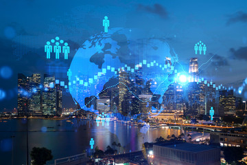 Glowing Social media icons on night panoramic city view of Singapore, Asia. The concept of...