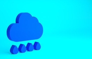 Blue Cloud with rain icon isolated on blue background. Rain cloud precipitation with rain drops. Minimalism concept. 3d illustration 3D render.