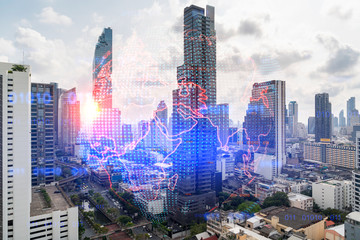 World planet Earth map hologram over panorama city view of Bangkok, Asia. The concept of international connections and business. Multi Exposure.