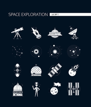 Space exploration - modern vector set of white icons