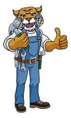 A wildcat cartoon animal mascot carpenter or handyman builder construction maintenance contractor holding a hammer and giving a thumbs up