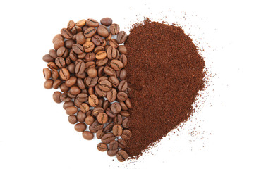 coffee beans and freshly ground coffee isolated on white
