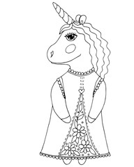 Cute cartoon Unicorn for coloring book or page