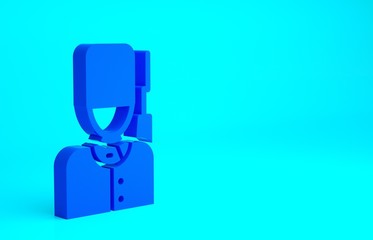 Blue British guardsman with bearskin hat marching icon isolated on blue background. Minimalism concept. 3d illustration 3D render.