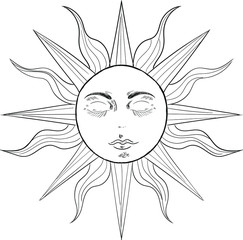 Antique style hand drawn art sun. Boho chic flash tattoo design vector illustration