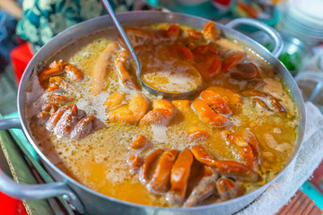 Close focus of Vietnamese braised beef offal or beef offal stew ( pha lau ): It's a popular snack in southern Vietnam, Vietnamese street food.