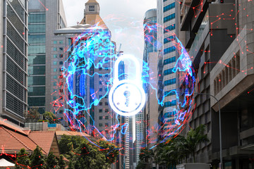 Padlock icon hologram over panorama city view of Singapore to protect business in Asia. The concept of information security shields. Double exposure.
