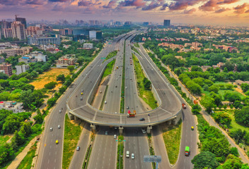 Down aerial view of empty roads near, Gurgaon city