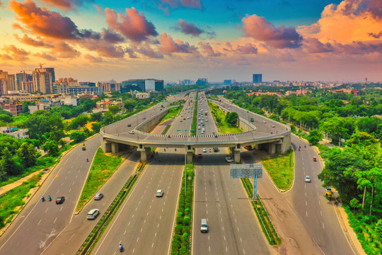 Down Aerial View Of Empty Roads Near, Gurgaon City