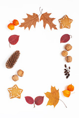 autumn layout for design with fallen leaves, nuts, cones, framing of autumn leaves and fruits on a white background