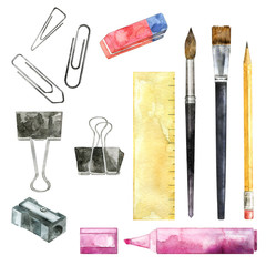 Hand drawn clips, pencil, brush, eraser, ruler, highlighter isolated on white. Watercolor illustration of office supplies. Elements for back to school design. Collection of stationery.